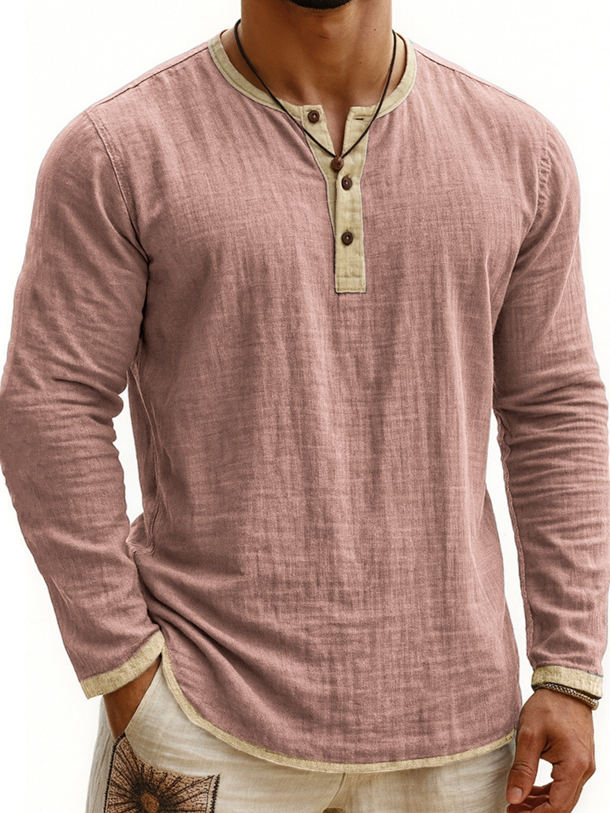 Zweifarbiges Henley-Shirt mit Digitaldruck, 3 Knöpfe, Herren, Freizeit, Langarm