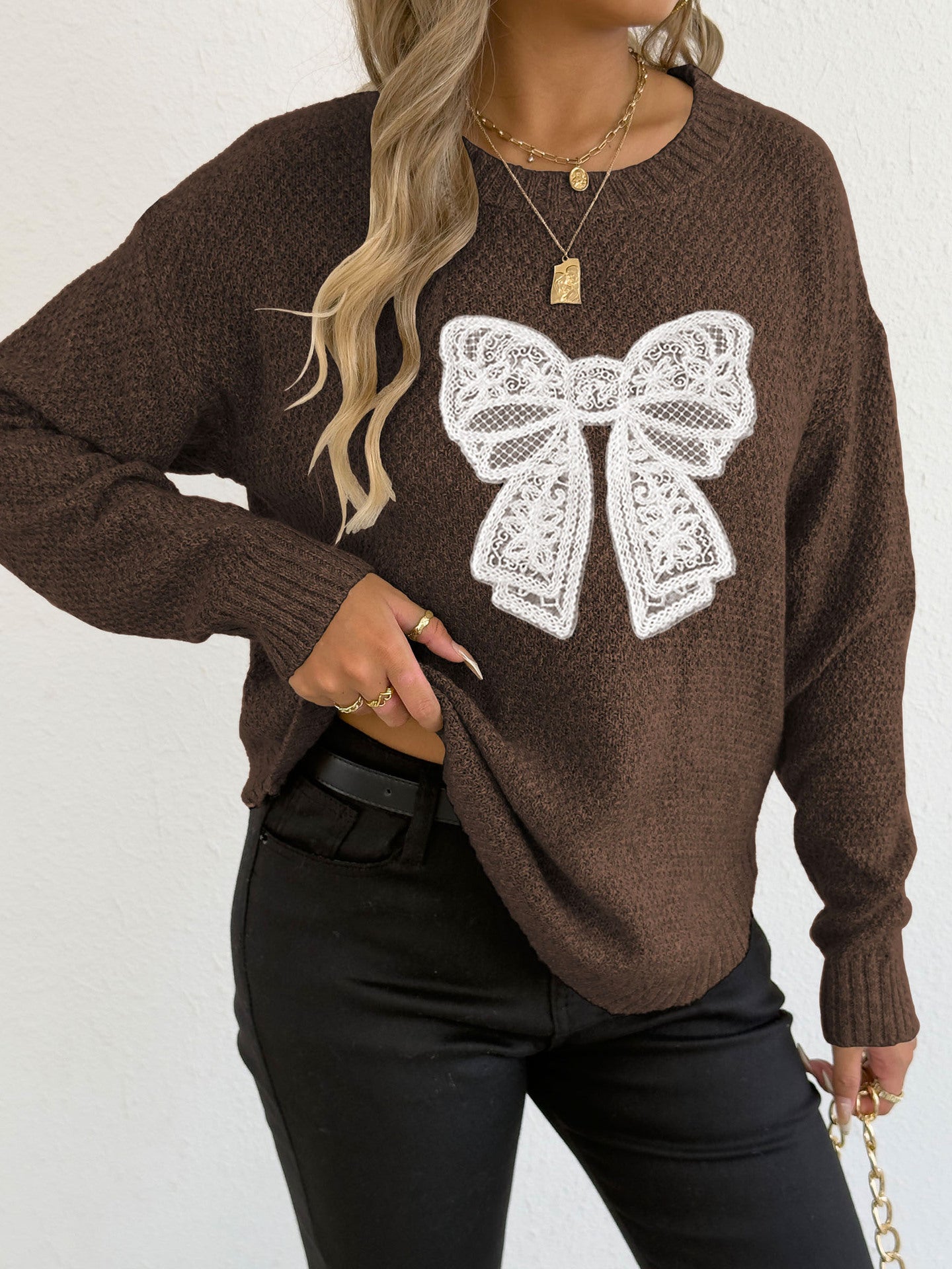 Women's Round Neck Embroidered Lace Butterfly Stitching Woven Sweater