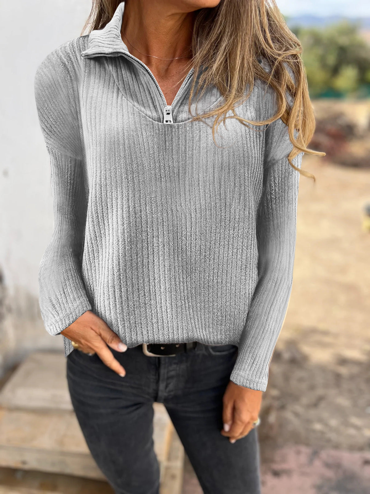 Pullover mit Reißverschluss, langärmeliger Strickpullover, Freizeitmantel