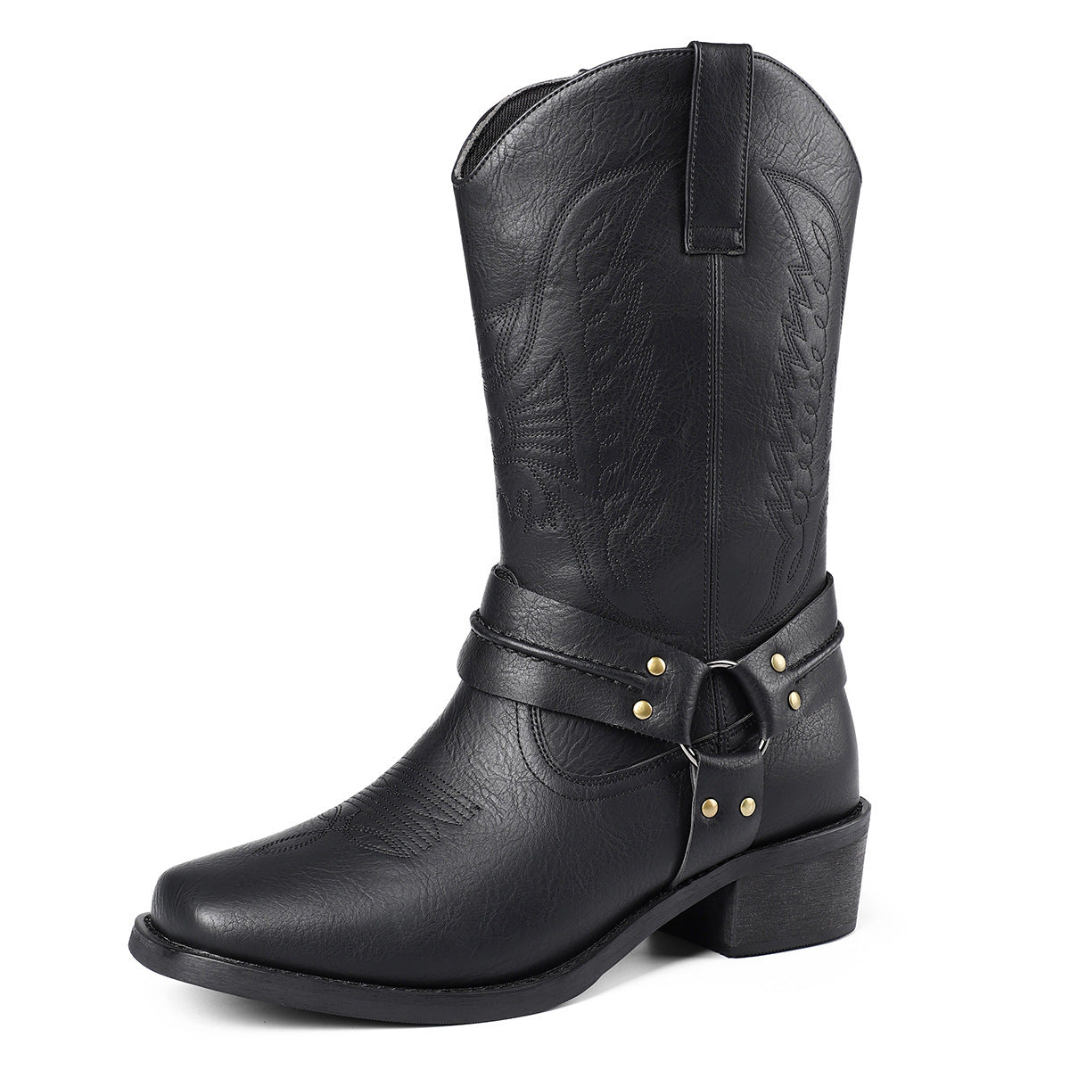 Herren Retro-Lederstiefel mit hohem Absatz (6–8 cm) und Square Toe, Schwarz/Braun, Größe 39–48