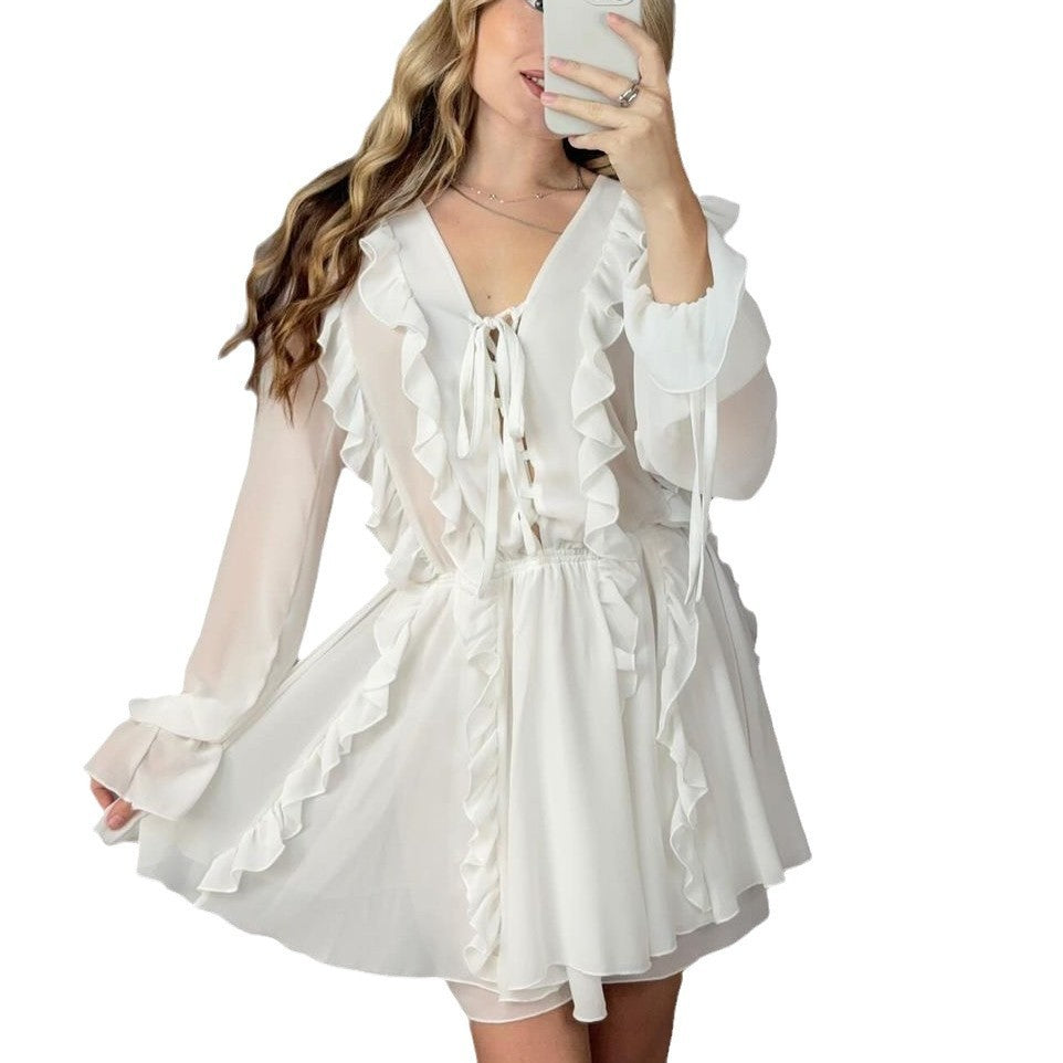 Basic Chiffonkleid mit elastischer Taille und langen Ärmeln, S–L