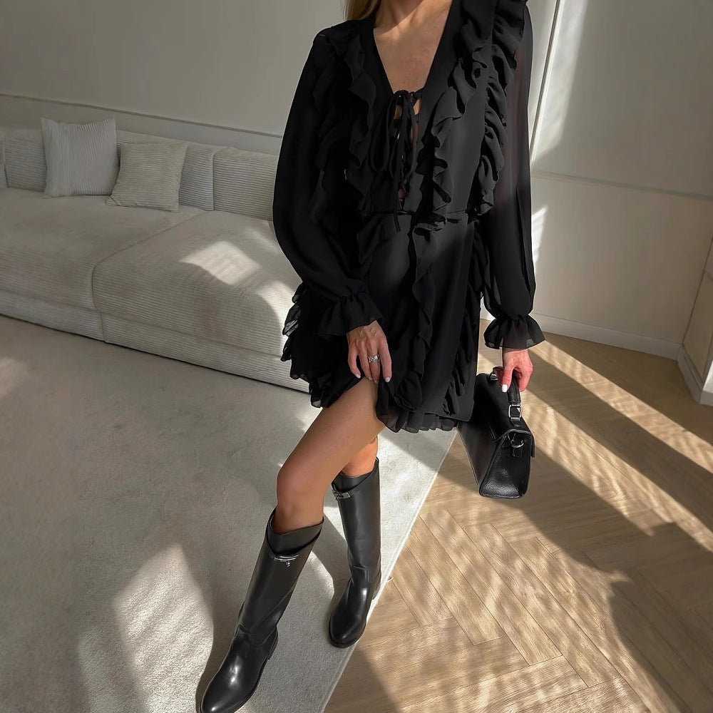 Basic Chiffonkleid mit elastischer Taille und langen Ärmeln, S–L