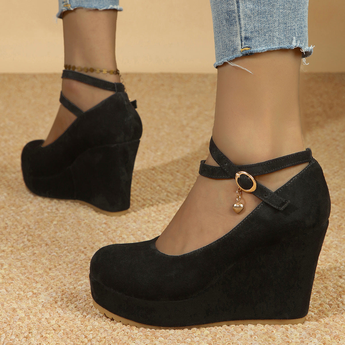 Damen Wildleder High Heels in Schwarz mit runder Zehenpartie, Größen 35–42