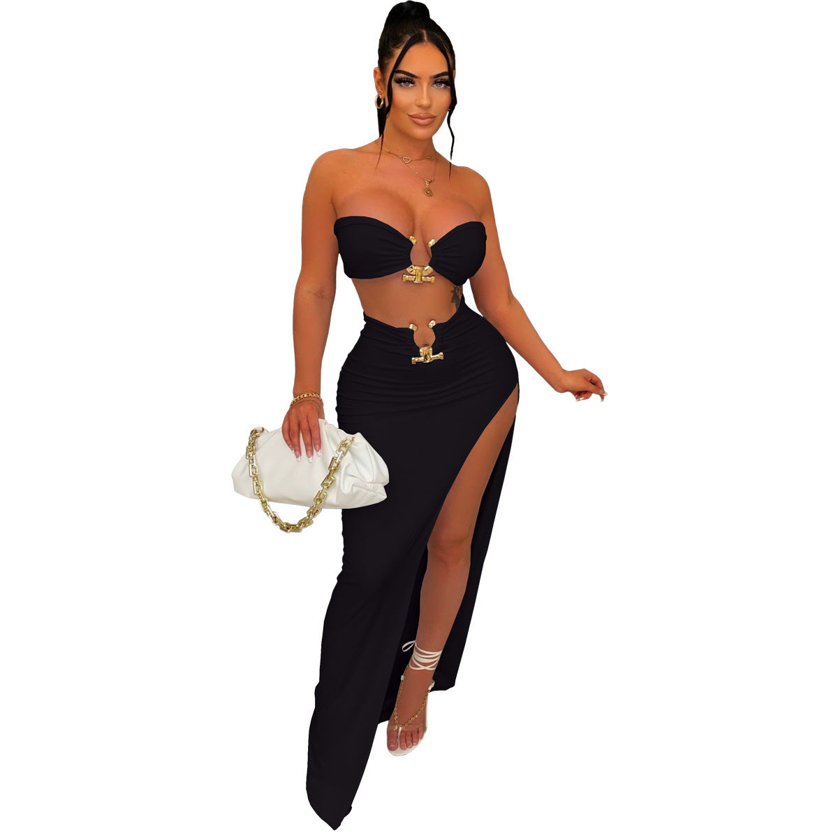 Damen Zweiteiler im Street-Style – gestricktes Top & langer Rock mit 3D-Deko, S–XXL