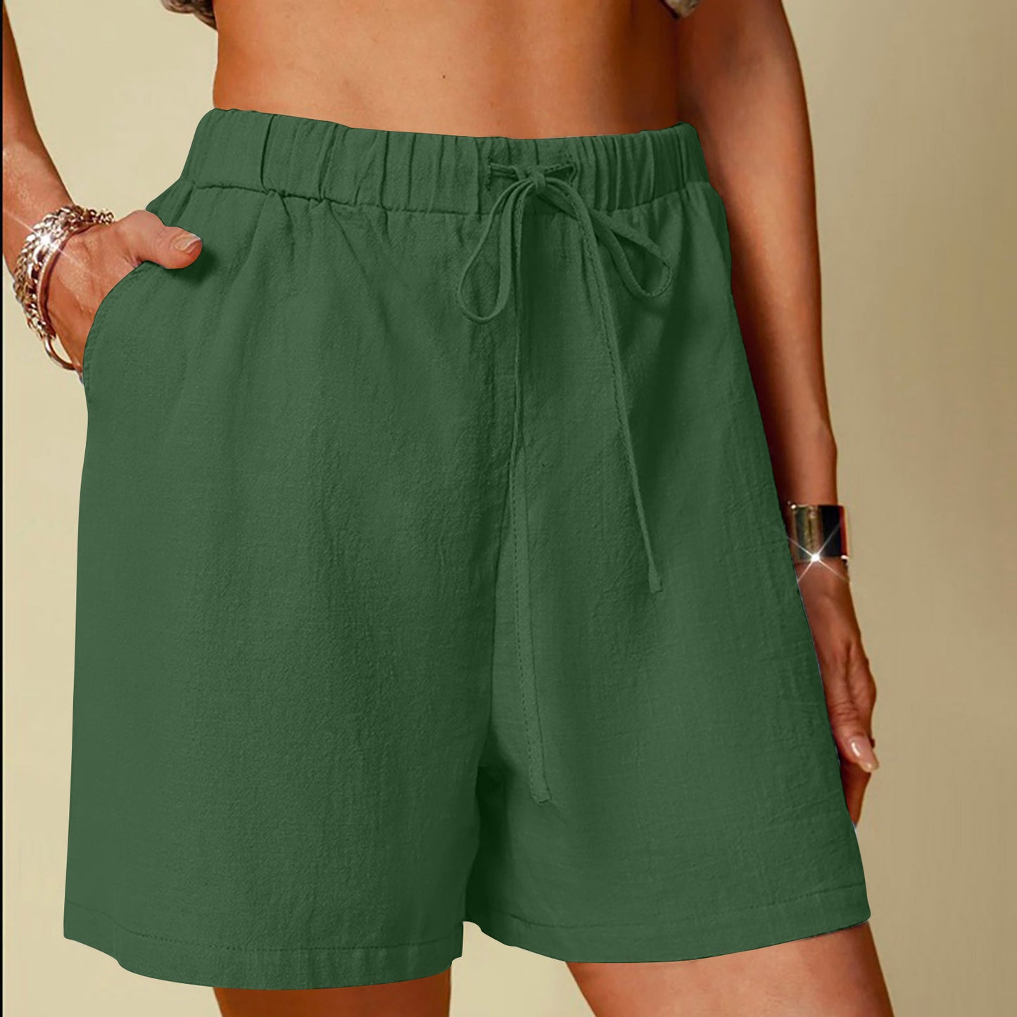 Damen-Shorts aus Baumwoll-Leinen-Mischgewebe, einfarbig, bequem, weites Bein