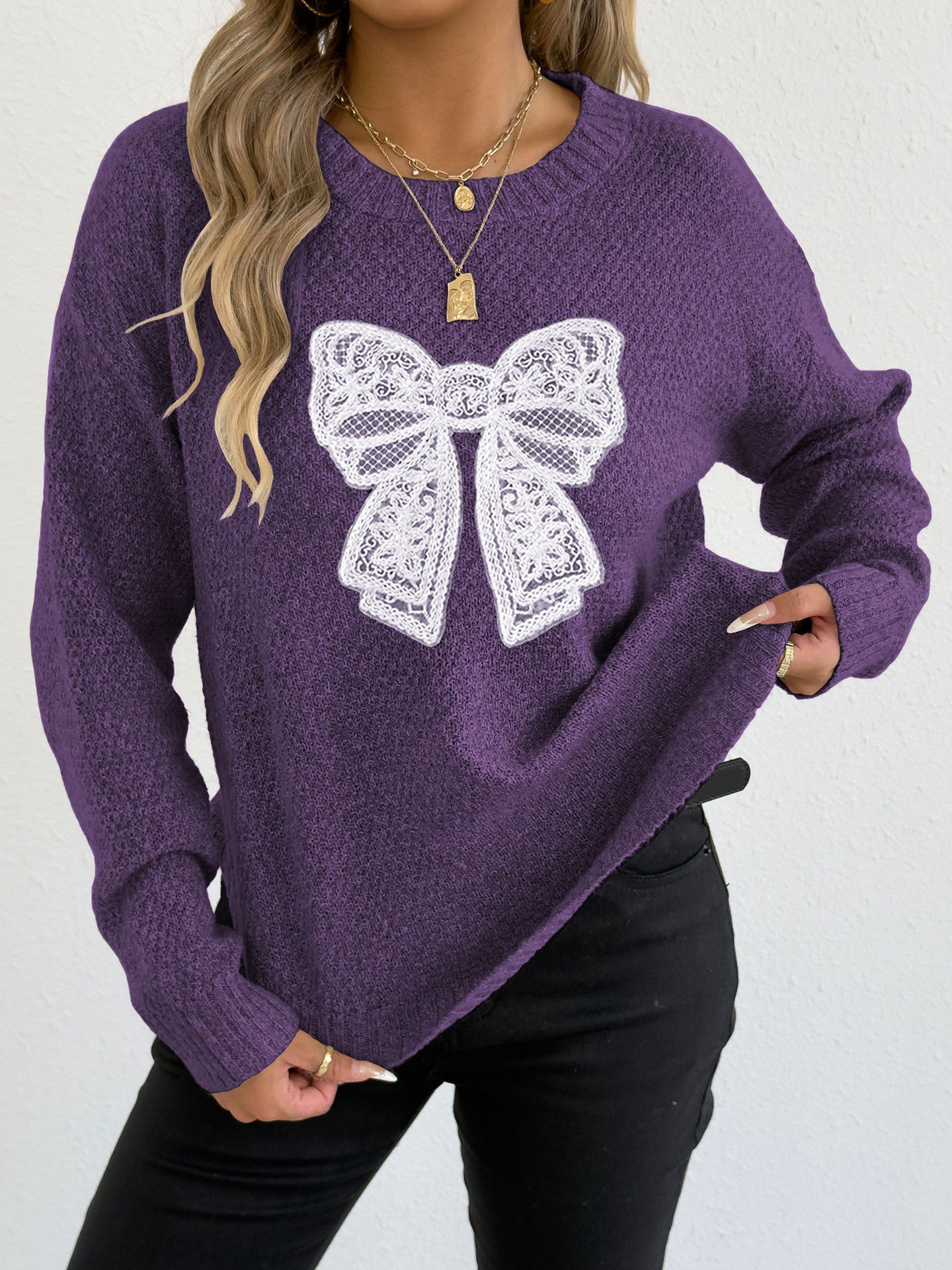Women's Round Neck Embroidered Lace Butterfly Stitching Woven Sweater