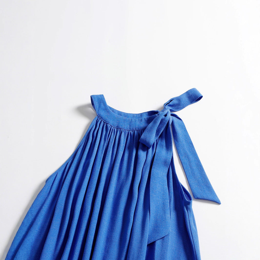 Ärmelloses Midikleid in Blau mit breitem Taillenbund, S–L