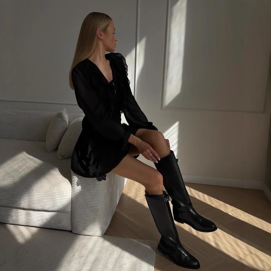 Basic Chiffonkleid mit elastischer Taille und langen Ärmeln, S–L