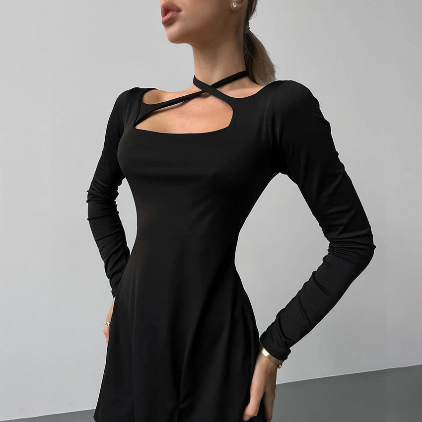Schwarzes Strickkleid mit Schnürdetail im Commuter-Stil, S–L
