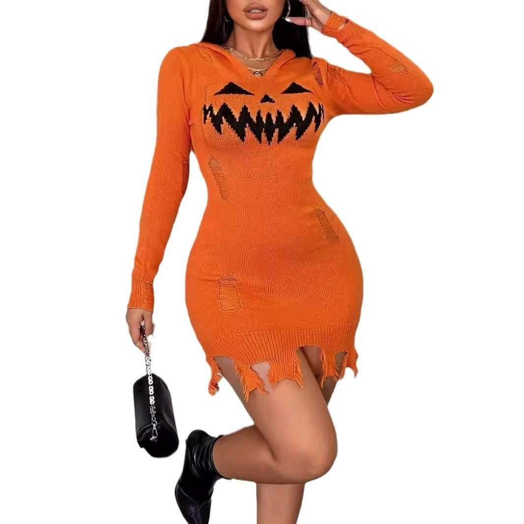 Einfarbiges Damen Halloween Kleid – Kapuze & Eng anliegend