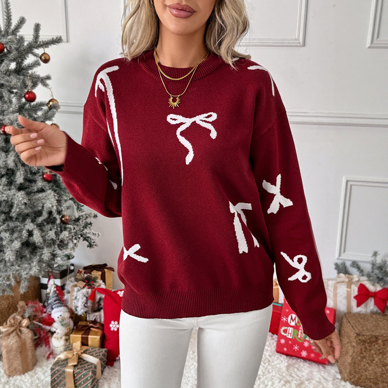 Damen-Pullover mit Schleifendetail – Lockerer Sweater in Weinrot, S–L