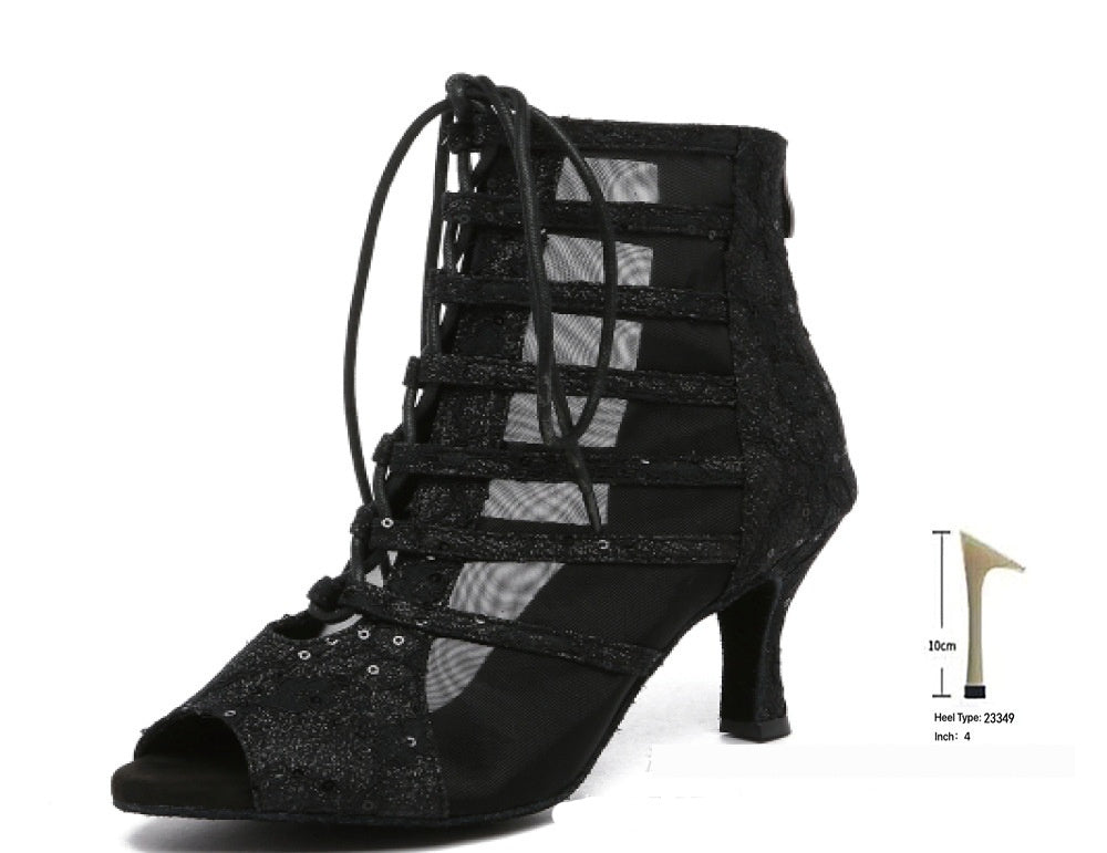 Schwarze Gaobang Peep-Toe-High-Heels aus Denim für Damen