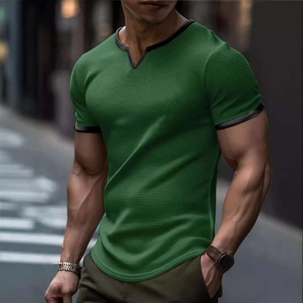 Farbblock-T-Shirt mit V-Ausschnitt für Outdoor-Sportarten und Waffelstruktur
