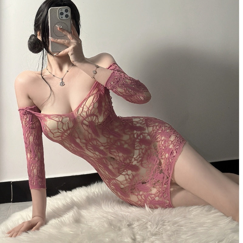 Weiße, transparente, sexy, enge Netzstrumpfhose mit Cut-outs