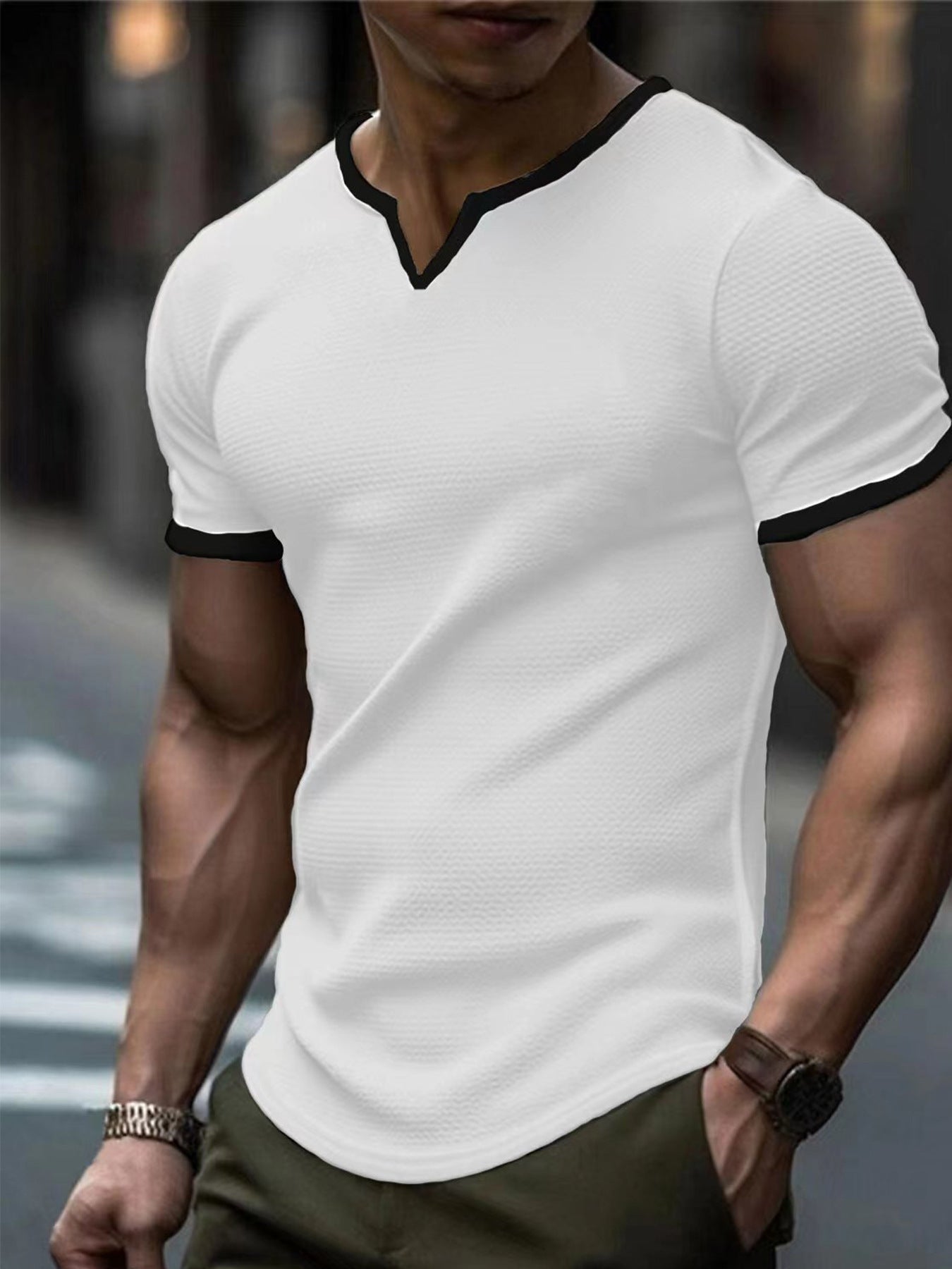 Farbblock-T-Shirt mit V-Ausschnitt für Outdoor-Sportarten und Waffelstruktur