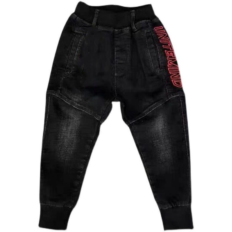 Schwarze Kinderjeans, einzelne Hosen, Frühlings- und Herbsthosen für Jungen