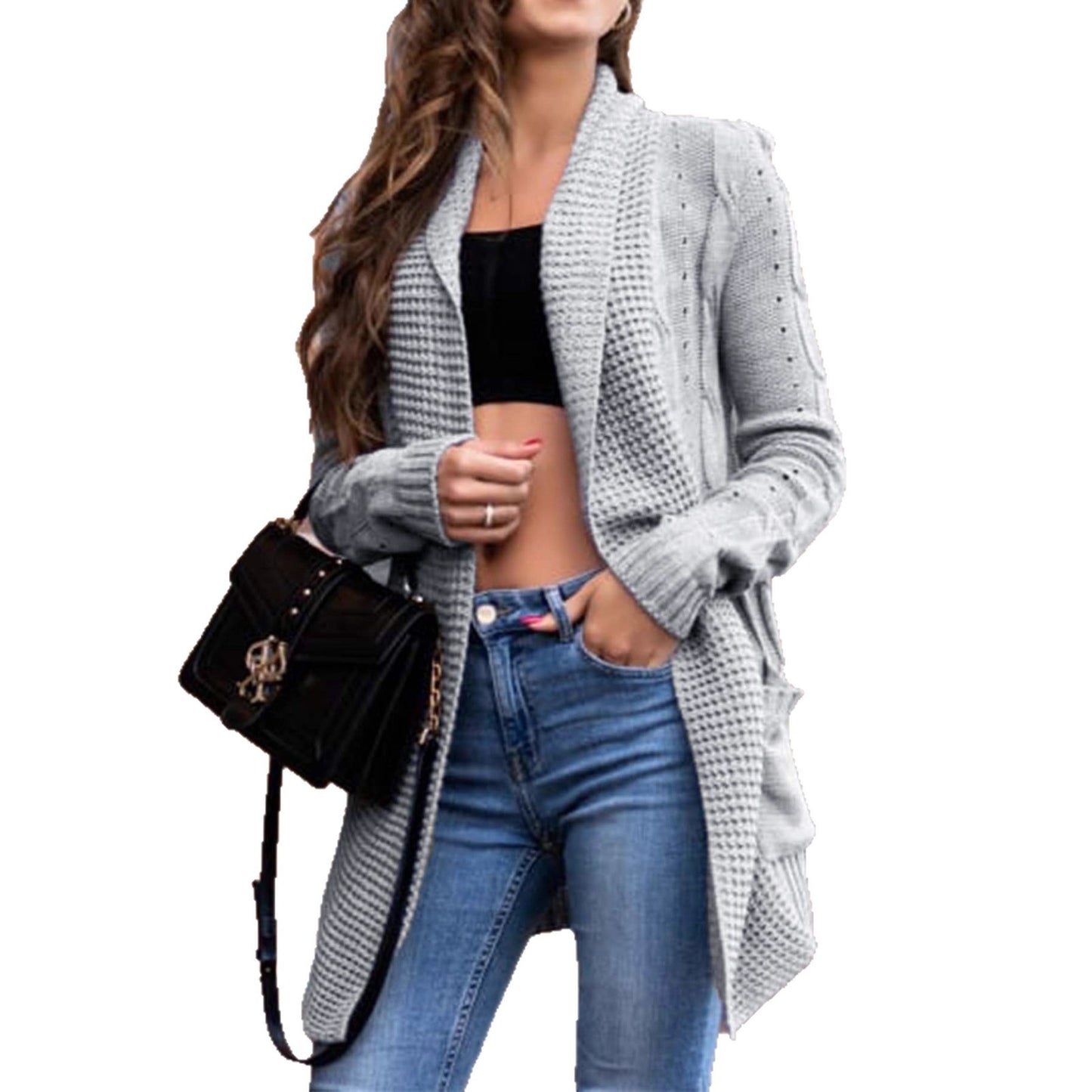 Graue Damen-Cardigan im Street-Style – Lange, lockere Strickjacke mit Taschen, S–XL