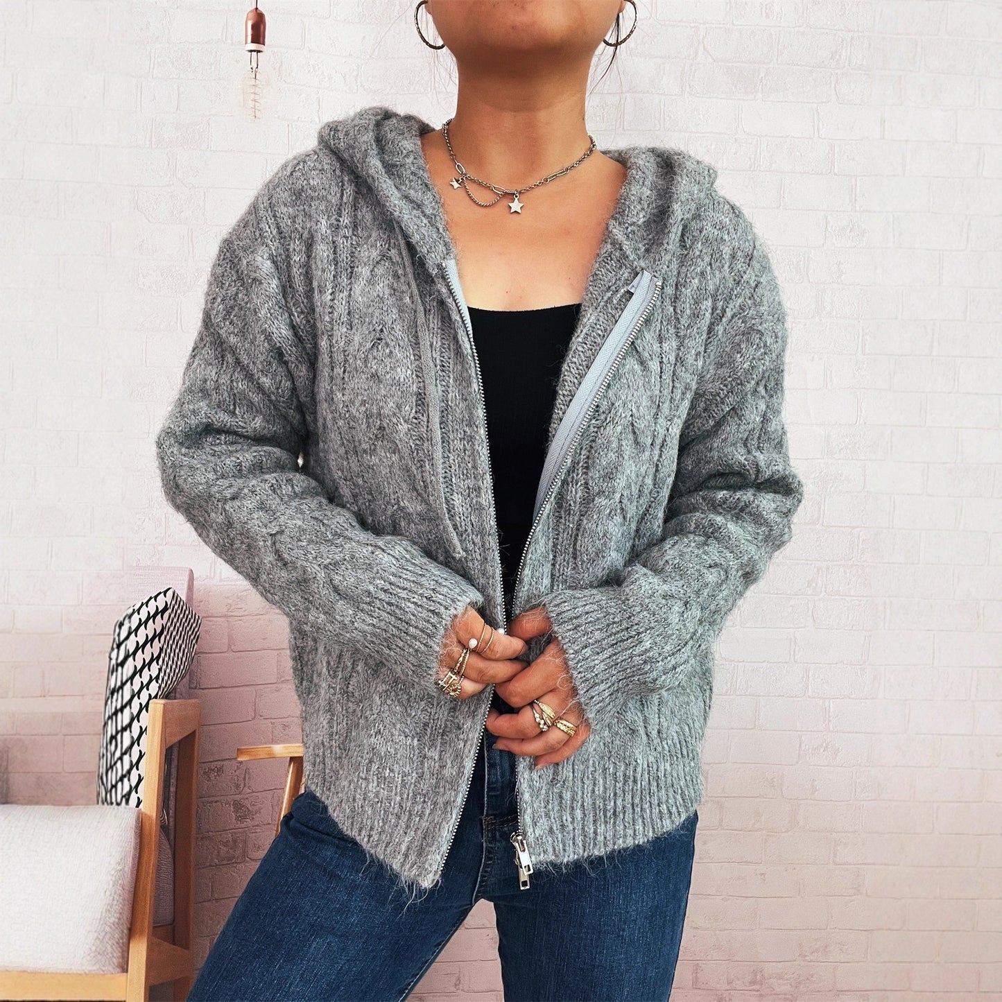 Retro-Strickmantel mit Kapuze, Schnürung und Reißverschluss