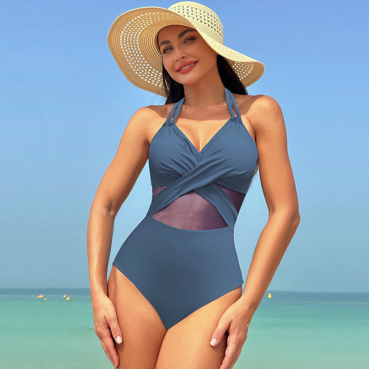 Neckholder-Einteiler-Badeanzug, einfarbig, mit gekreuzten Trägern, Mesh-Bikini, Strandurlaub, Damenbekleidung
