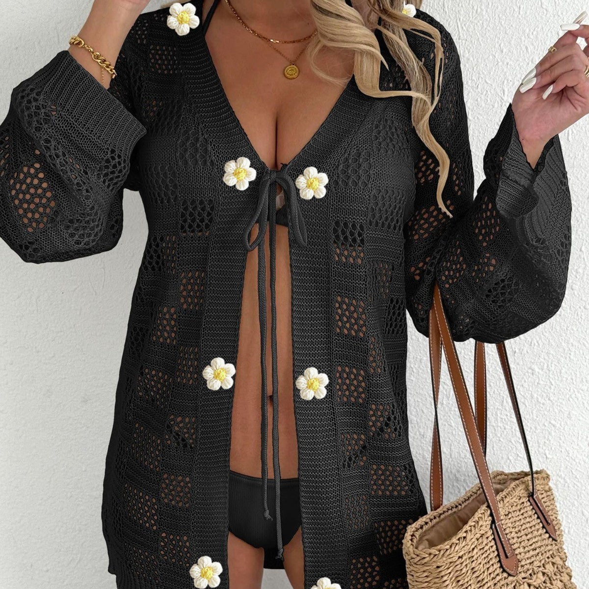 Europäische und amerikanische Damenbluse mit gewebtem Lochmuster und langen Ärmeln