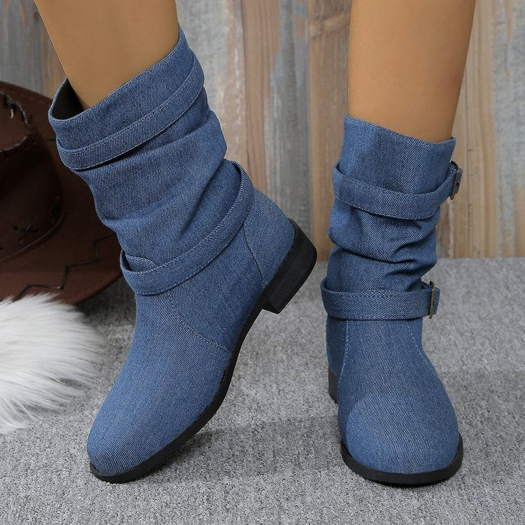 Damen-Stiefeletten aus Denim und Leder mit eckigem Absatz und runder Zehenpartie