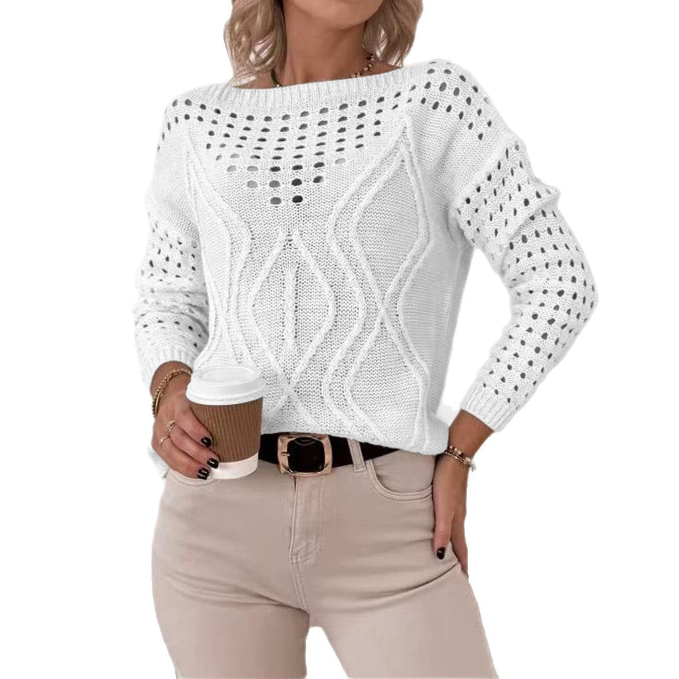 Damen-Sweater in Weiß – Lockerer Pullover aus Polyester, S–XL