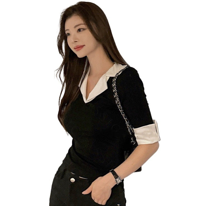 Trendiges Colorblock V-Neck Shirt – Figurbetont & modisch