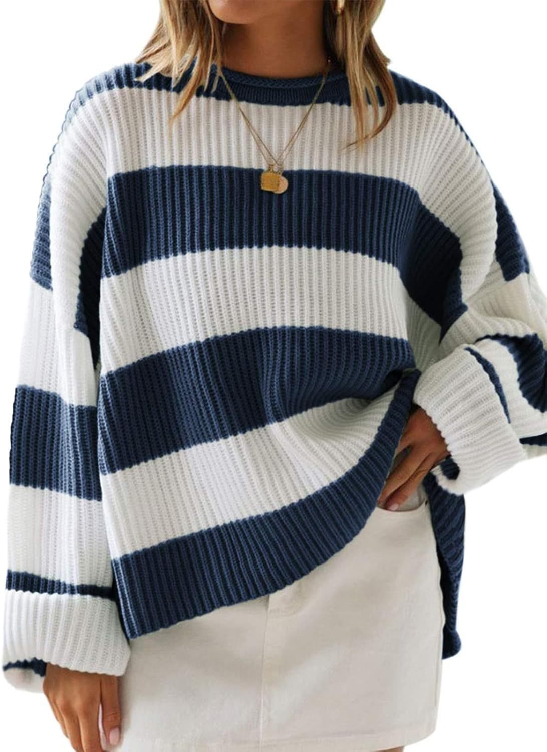 Damenpullover mit Streifen und gehäkelten Blumen – Lockere Passform, S–XL