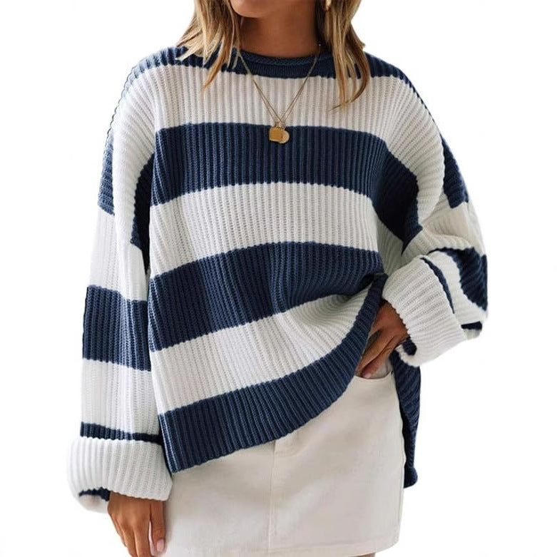 Damenpullover mit Streifen und gehäkelten Blumen – Lockere Passform, S–XL