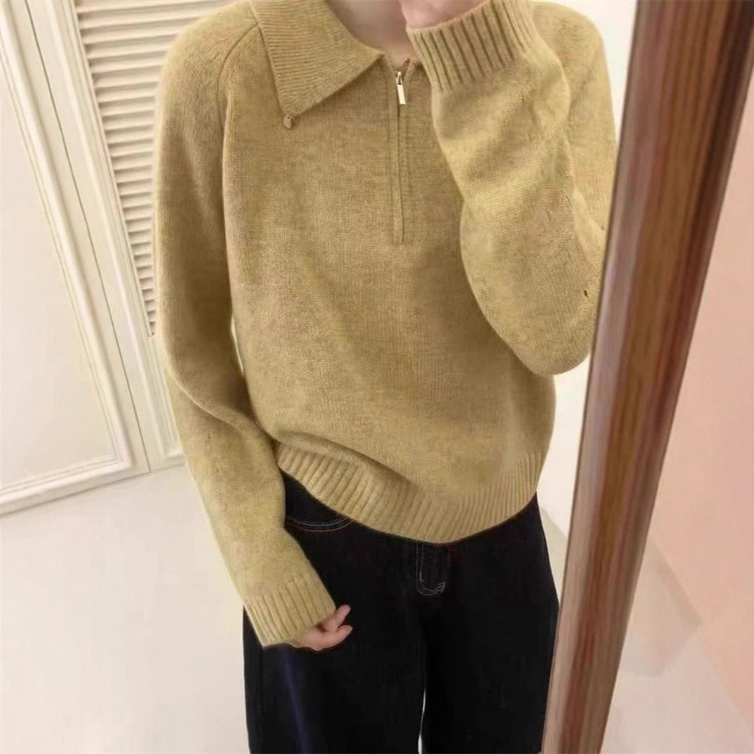 Damen-Pullover mit halbem Reißverschluss und Reverskragen, einfarbig, locker geschnitten