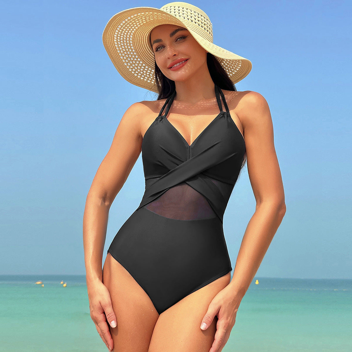 Neckholder-Einteiler-Badeanzug, einfarbig, mit gekreuzten Trägern, Mesh-Bikini, Strandurlaub, Damenbekleidung