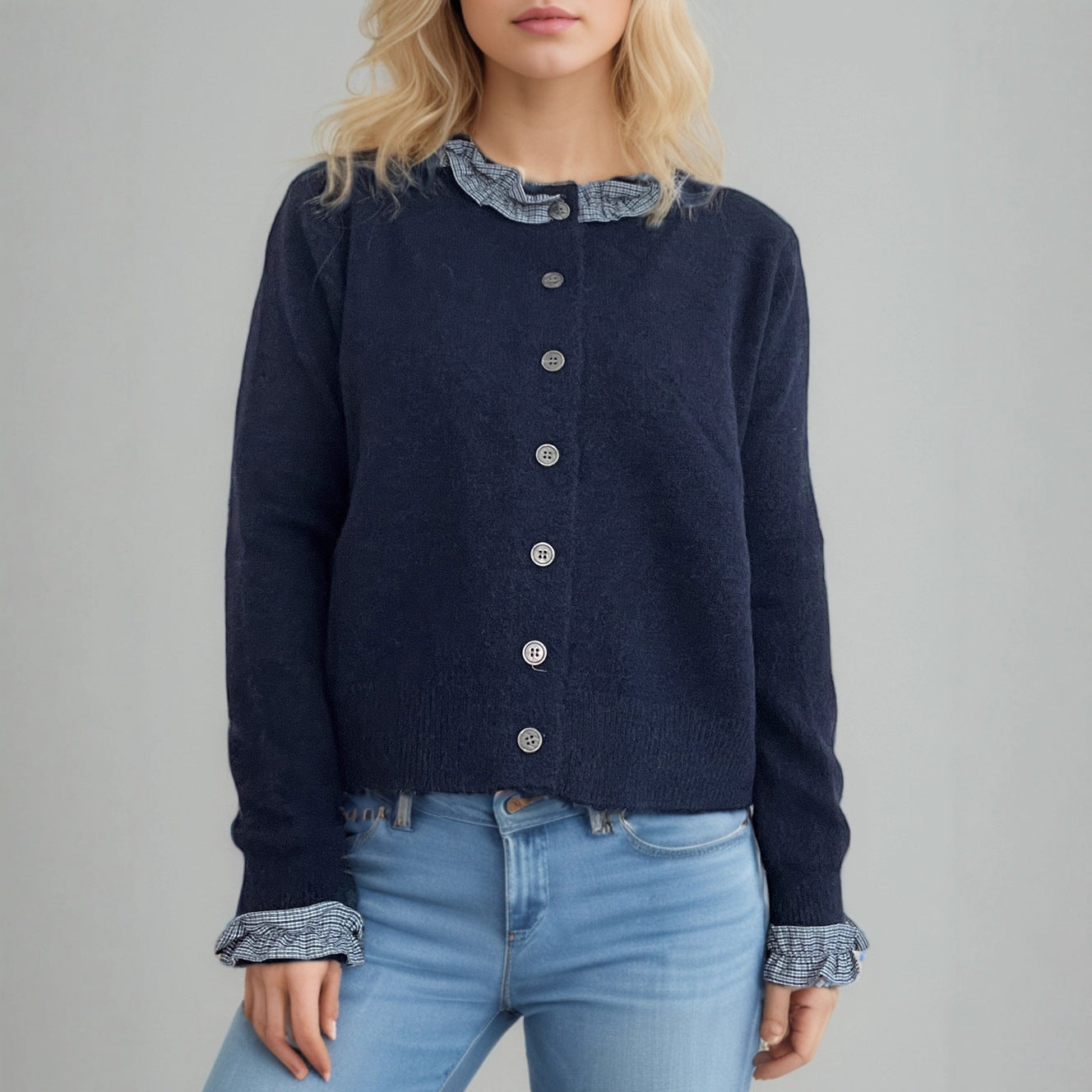 Klassische Damen-Cardigan aus Polyester – Grau & Dunkelblau, S–L