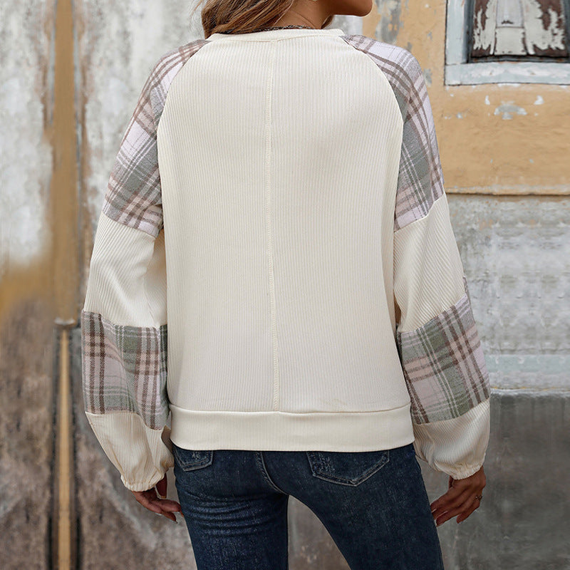 Lockerer karierter Pullover mit Farbblock-Design und Rundhalsausschnitt