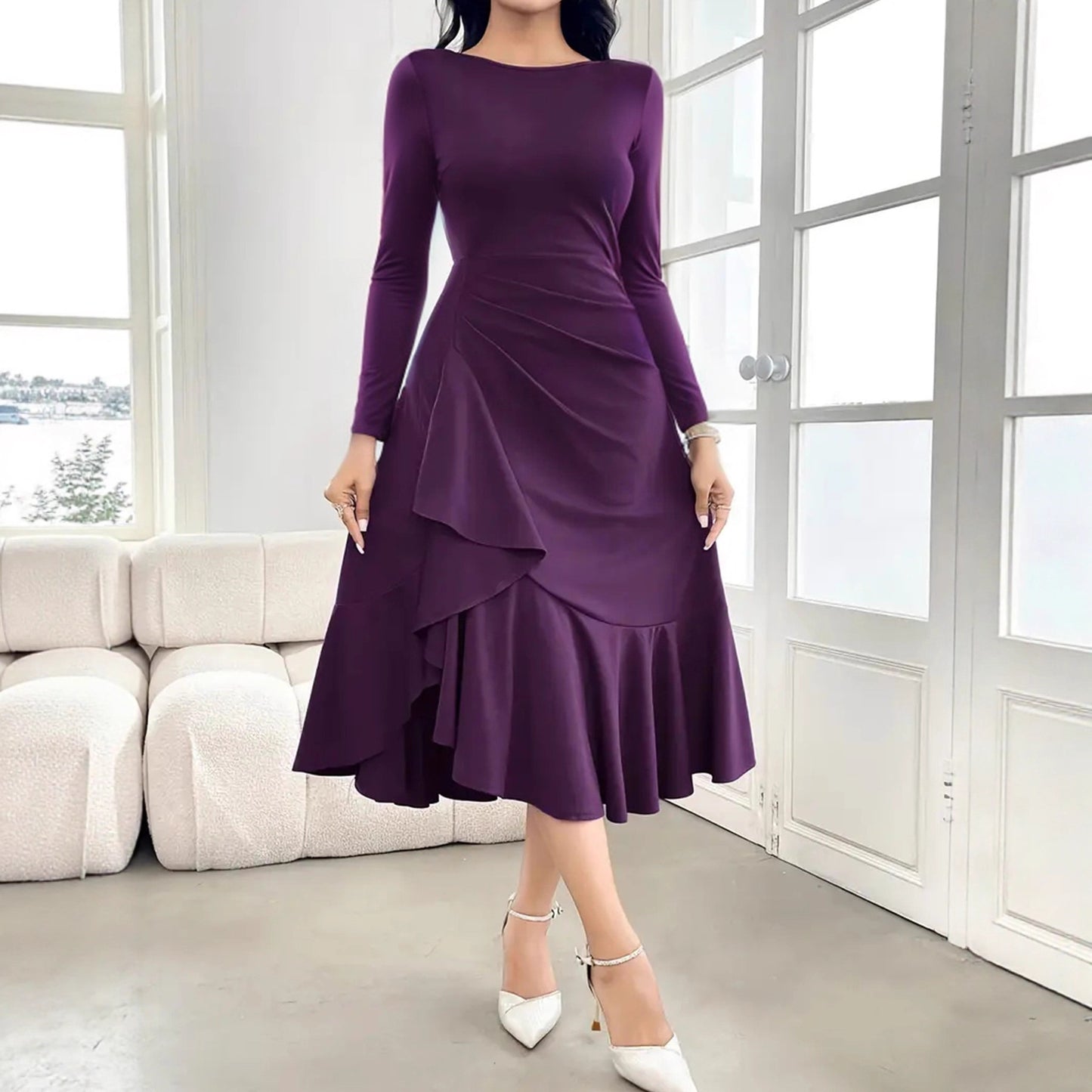 Lila Rüschenkleid mit langen Ärmeln, S–XXL