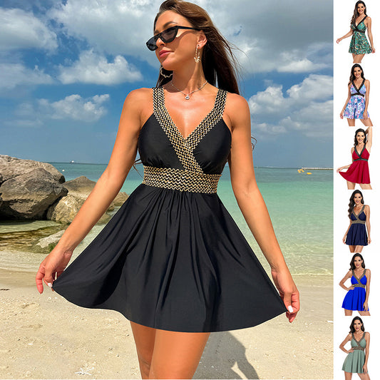 Bedrucktes Badeanzugkleid mit V-Ausschnitt, Sommer-Strandurlaub, Bikini-Mode für Damen