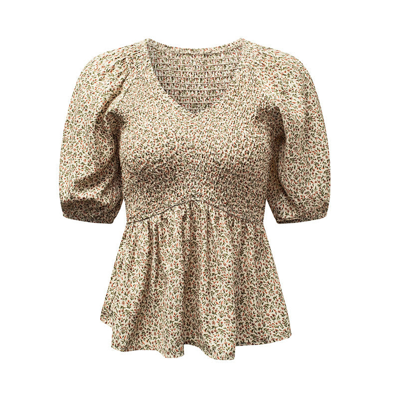 Stylische V-Neck Chiffonbluse mit Puffarm und schmaler Taille