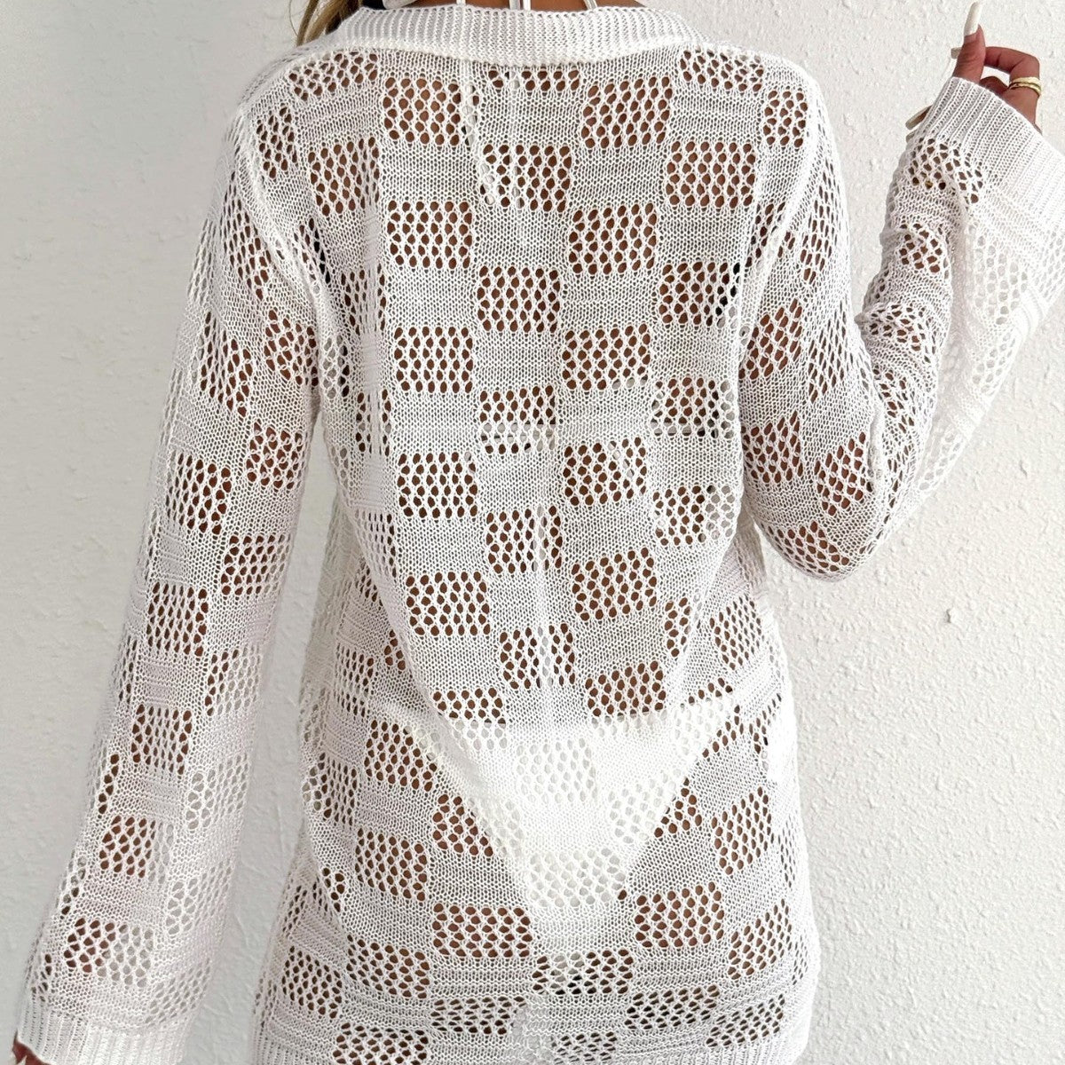 Europäische und amerikanische Damenbluse mit gewebtem Lochmuster und langen Ärmeln