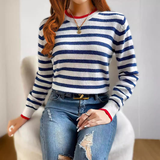 Damenpullover in Saphirblau mit Kontraststreifen – Lockerer British-Style-Sweater