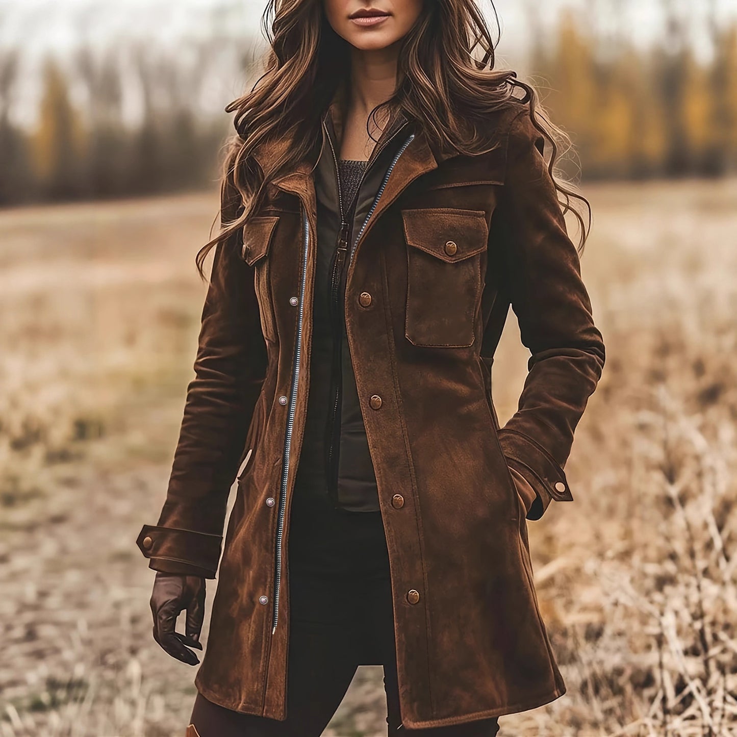 Damen-Freizeitjacke aus braunem Wildleder mit Retro-Revers