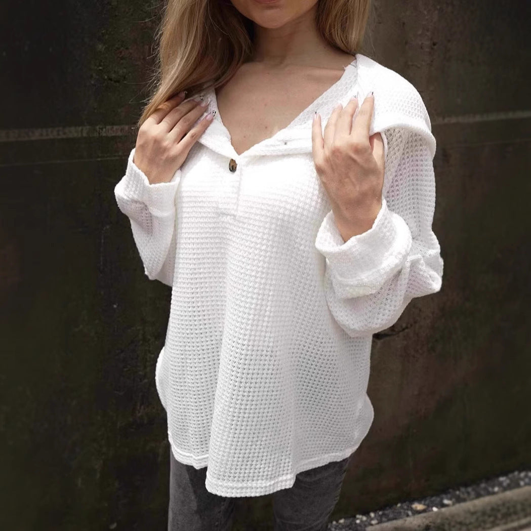 Kapuzenpullover mit Knöpfen, Kordelzug, V-Ausschnitt, lässigem, lockerem Schnitt und langen Ärmeln