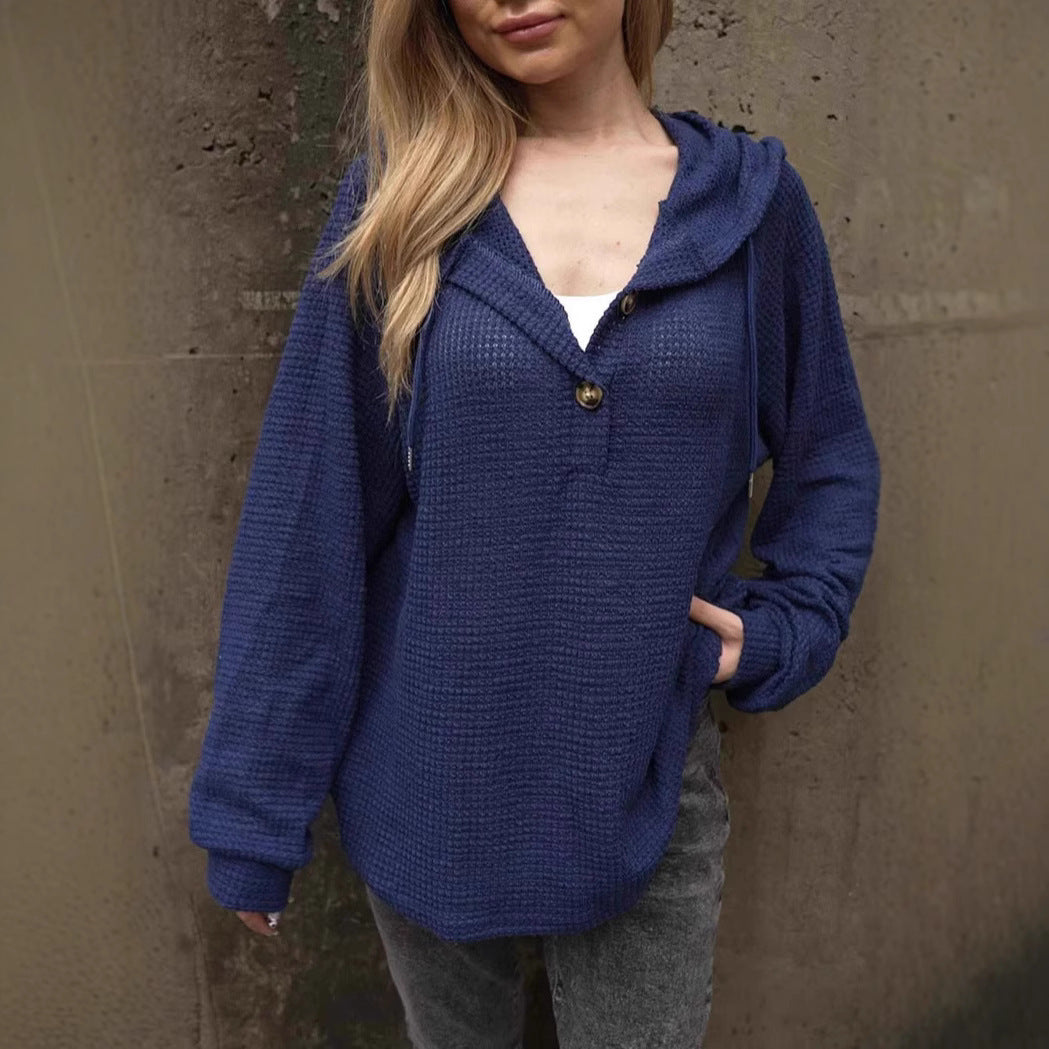 Kapuzenpullover mit Knöpfen, Kordelzug, V-Ausschnitt, lässigem, lockerem Schnitt und langen Ärmeln