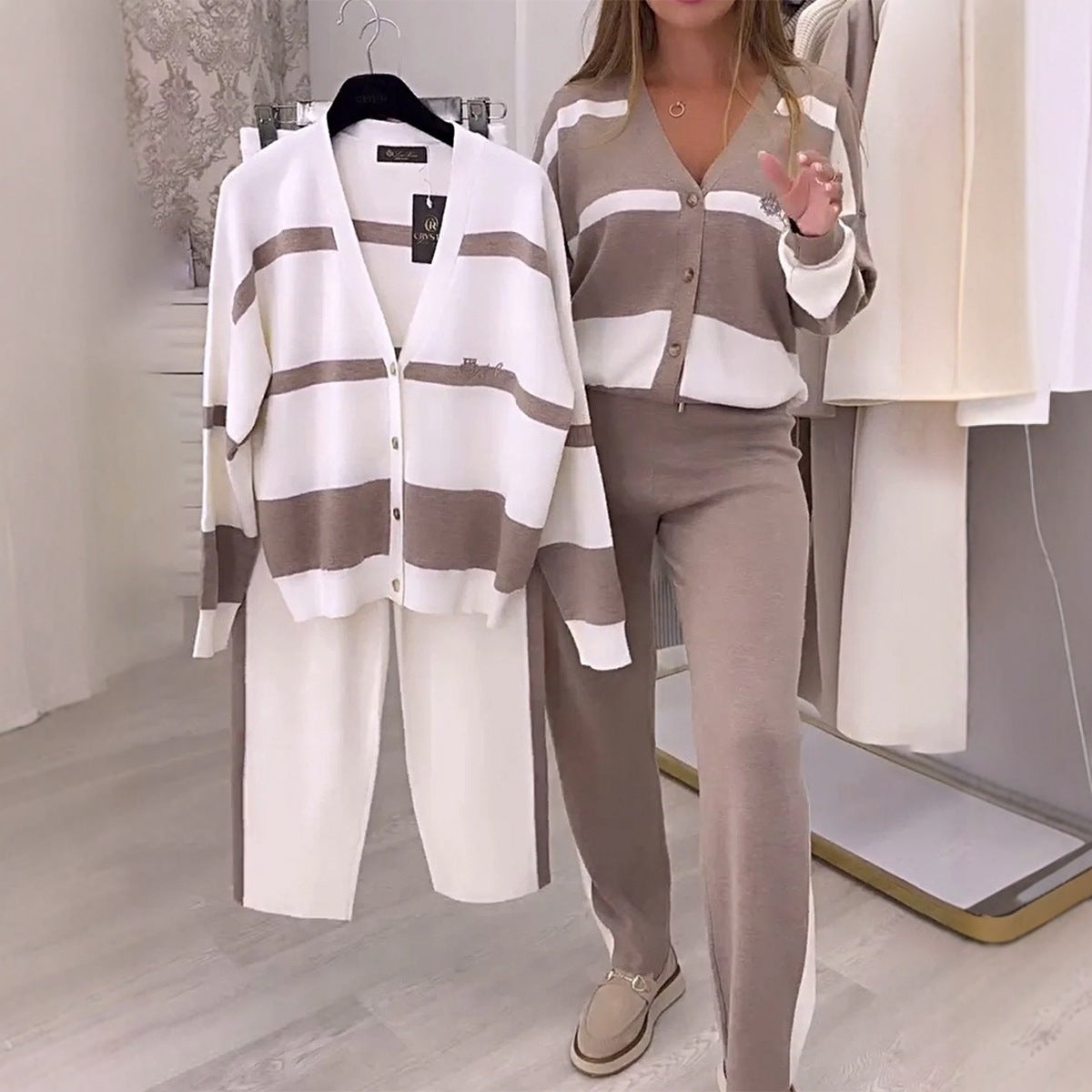 Damen Zweiteiler im Art-Retro-Stil in Weiß & Braun, S–3XL