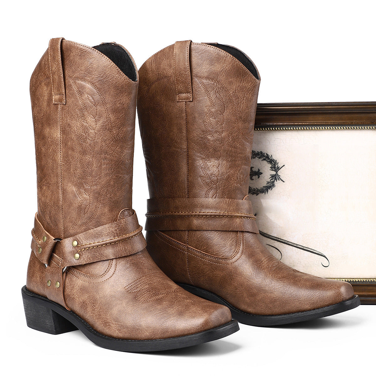 Herren Retro-Lederstiefel mit hohem Absatz (6–8 cm) und Square Toe, Schwarz/Braun, Größe 39–48