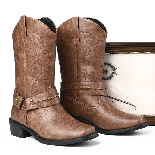 Herren Retro-Lederstiefel mit hohem Absatz (6–8 cm) und Square Toe, Schwarz/Braun, Größe 39–48