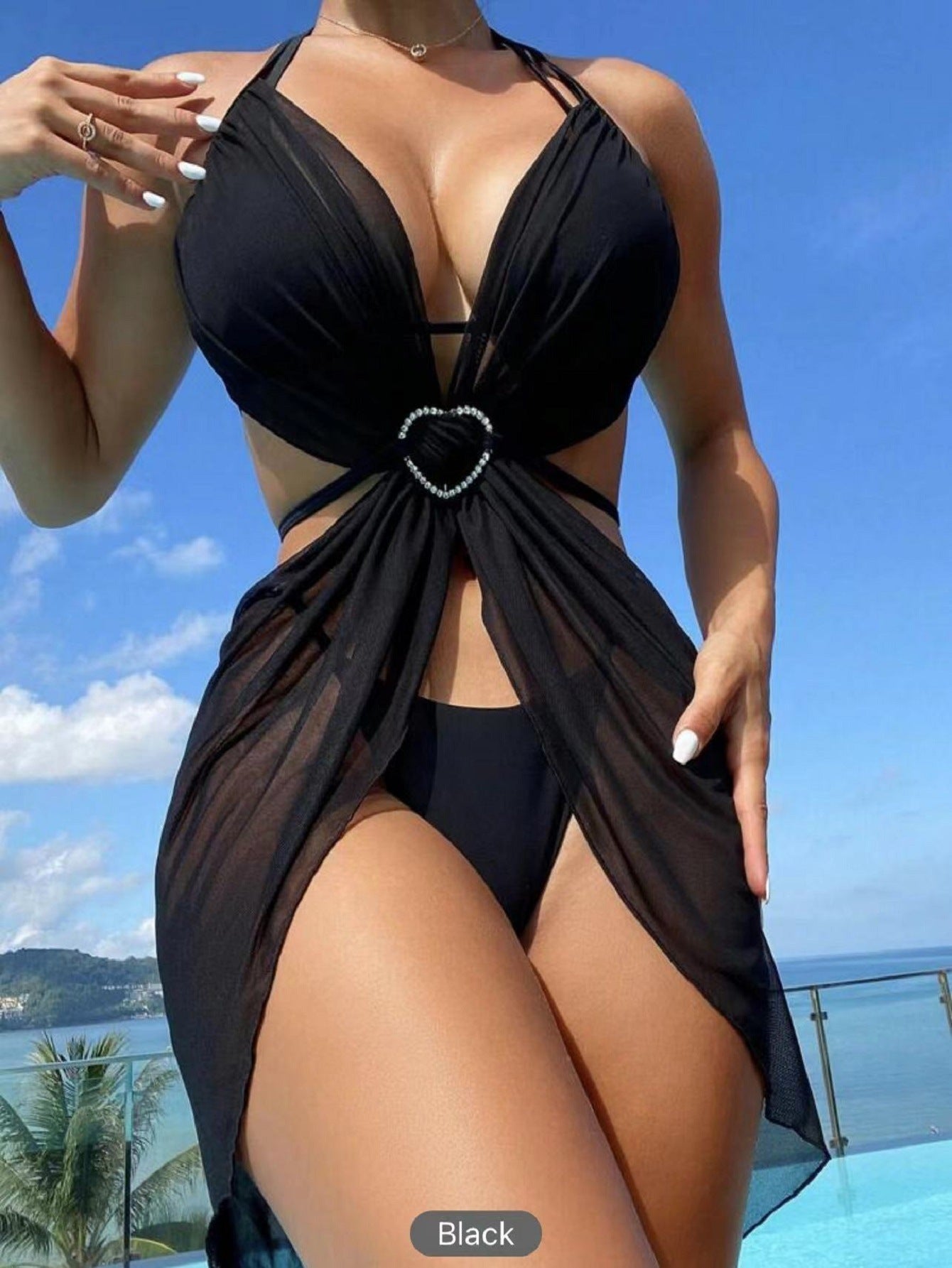 3-teiliger Neckholder-Bikini, Strand-Sommer-Badeanzug in Unifarben, Damenbekleidung