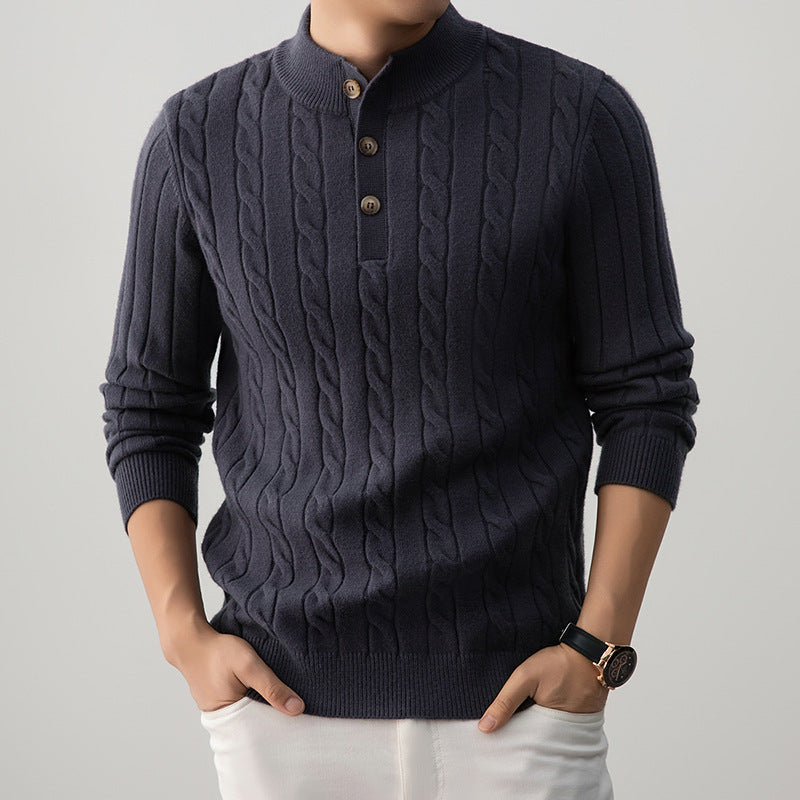 Halbhoher Henry-Kragen-Pullover mit Knopfleiste und gedrehtem Design, dicke Herrenstrickwaren