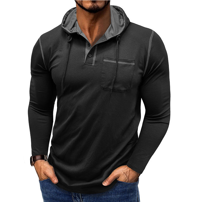 Herren Langarm-T-Shirt mit Kapuze, Henley-Shirt, Outdoor-Top