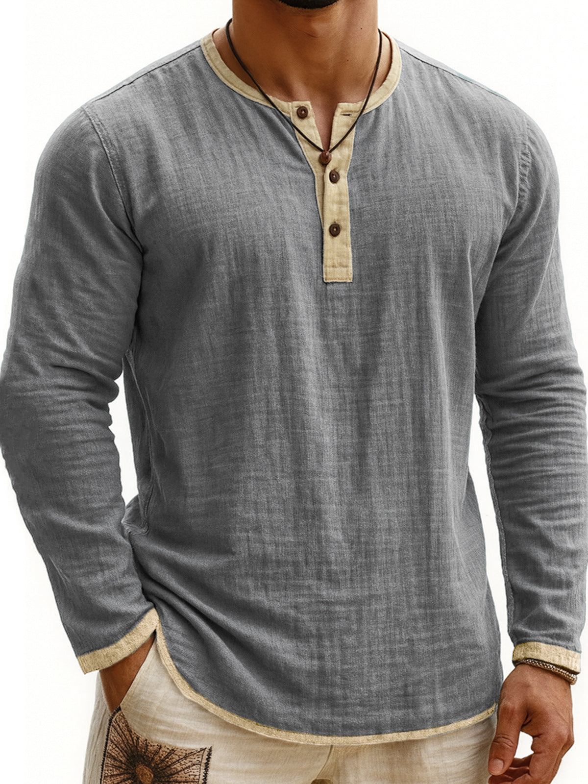 Zweifarbiges Henley-Shirt mit Digitaldruck, 3 Knöpfe, Herren, Freizeit, Langarm