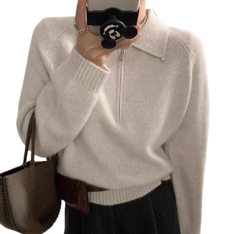 Damen-Pullover mit halbem Reißverschluss und Reverskragen, einfarbig, locker geschnitten