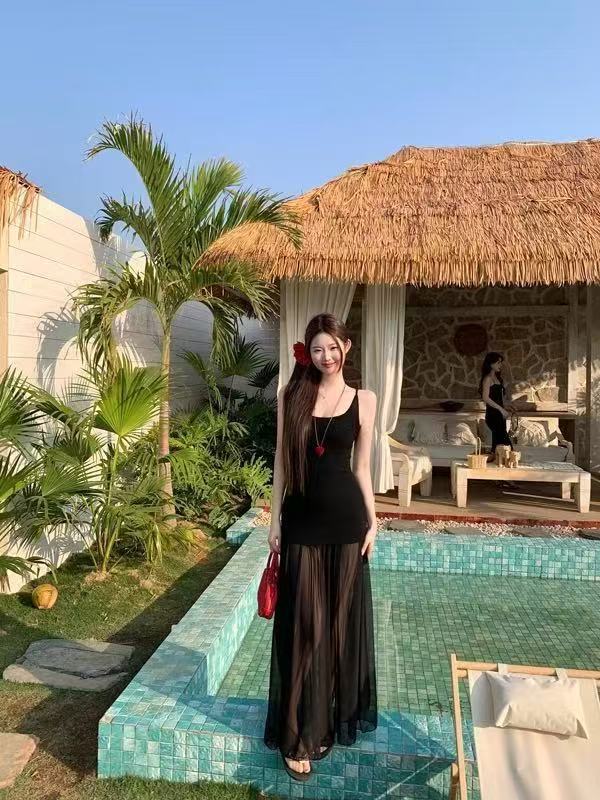 Schwarzes langes Kleid im chinesischen Retro-Stil aus TR-Gewebe, S–XL